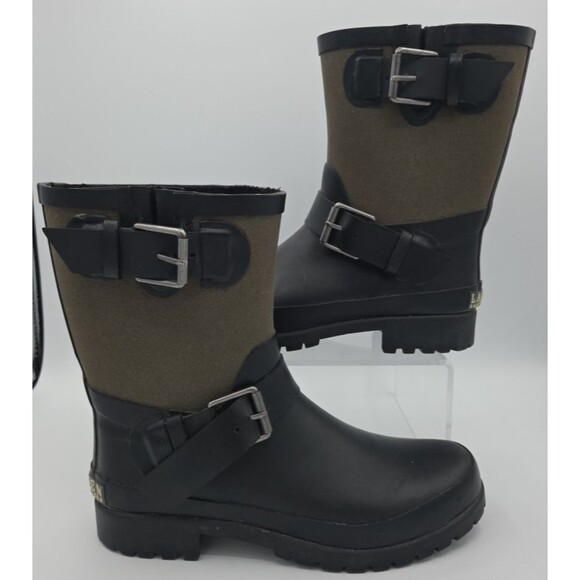 Ralph Lauren Rain Rubber Moto Style Green + Black Boots Calf High 7B Mora II EUC - Picture 1 of 9